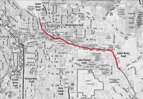 Cedar River Trail Map cedar river trail 因為時間的關係無法騎完整條步道。這趟來回共三十公里，地形平坦，共花兩個半小時。 Elsa Sung