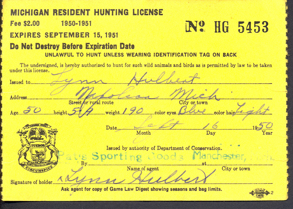1950 Michigan Resident Hunting License Back w Duck Stamp F… Flickr