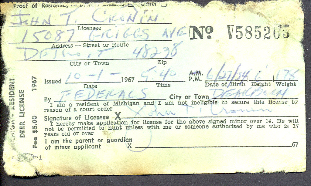 1967 Michigan Resident DEER Hunting License Don...The UpNorth