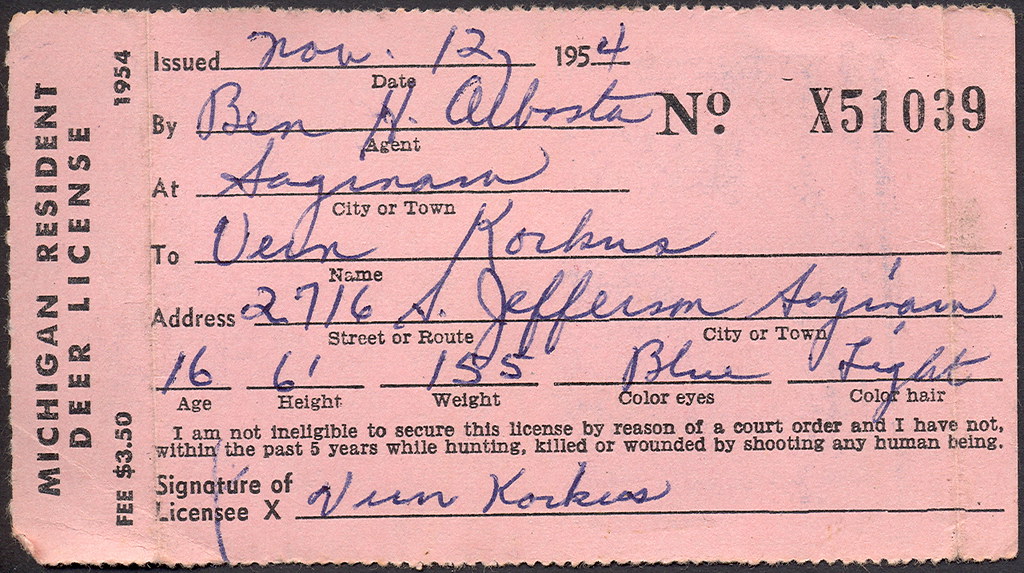 1954 Michigan Resident DEER Hunting License Don...The UpNorth