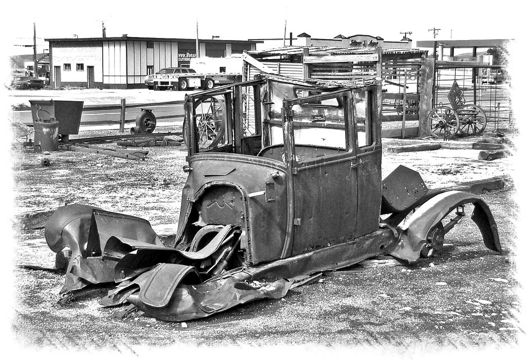 On White Rusty Old "Model T" Ford Car on Route 66 in Williams, Arizona