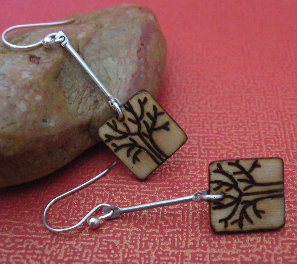 e091 wood burned earrings on sterling silver SOLD Michelle Hambourg