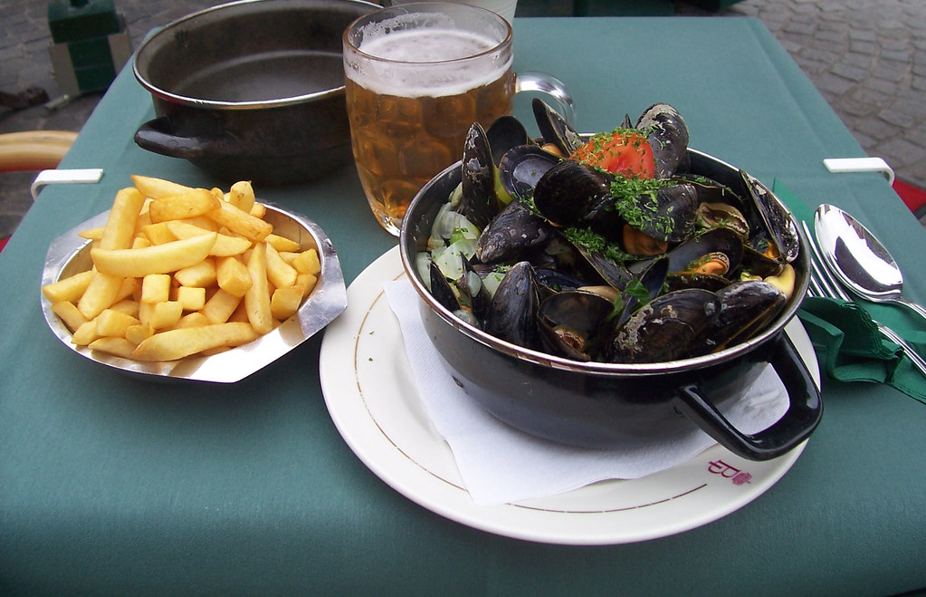 Moules Frite Mussels and Chips in Bruges, Belgium. Tasty