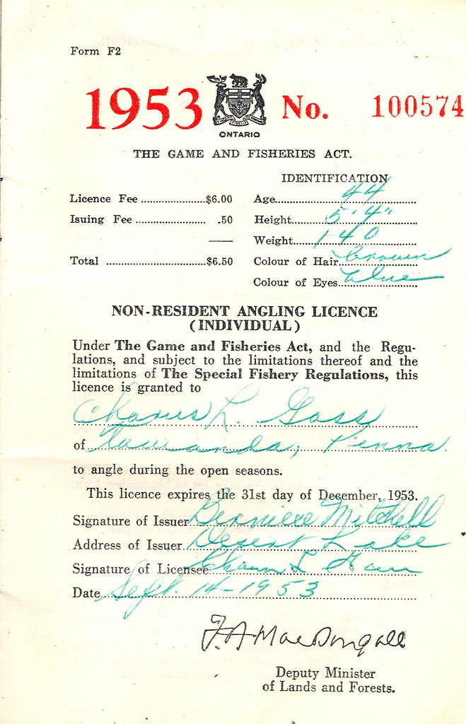 1953 Ontario CANADA NonResident Fishing License inside Co… Flickr