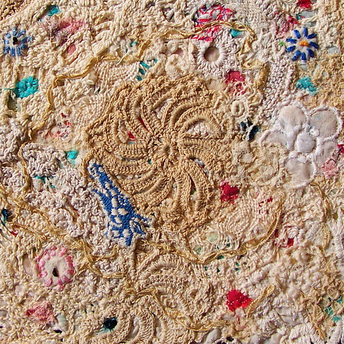 Fiber Art Doily with Blue Giraffe Head Close up view. Victoria