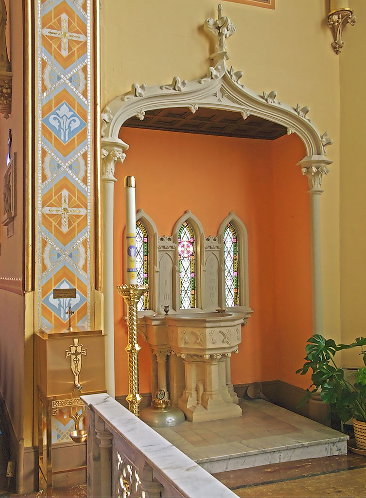 Sainte Genevieve Roman Catholic Church, in Sainte Genevieve, Missouri, USA baptismal and holy