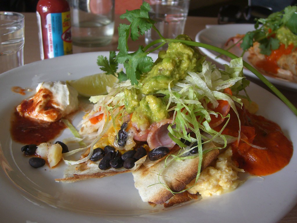 Scrambled Eggs, Bacon, Potato Quesadilla Blue Corn Mexican a photo