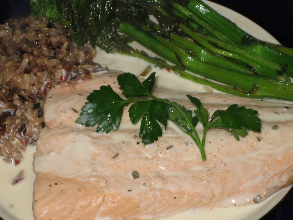 poached salmon with a tarragon cream sauce and wild rice Flickr