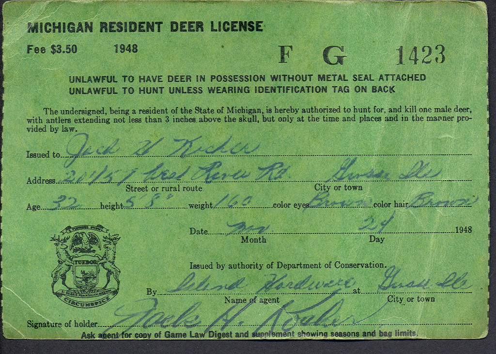 1948 Michigan Resident DEER Hunting License Don...The UpNorth