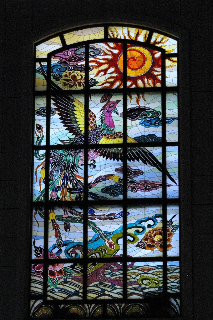 stained glass Japanese traditional arts in a large glass. me