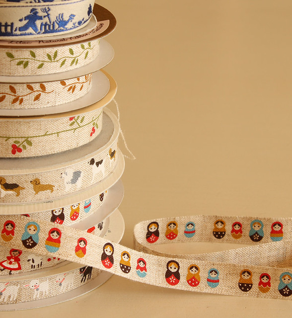 japanese ribbons linen ribbon with russian doll pattern cottonblue