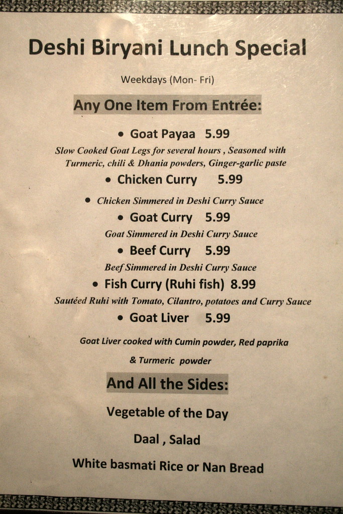 Lunch specials menu at Deshi Biryani, Jackson Heights Flickr