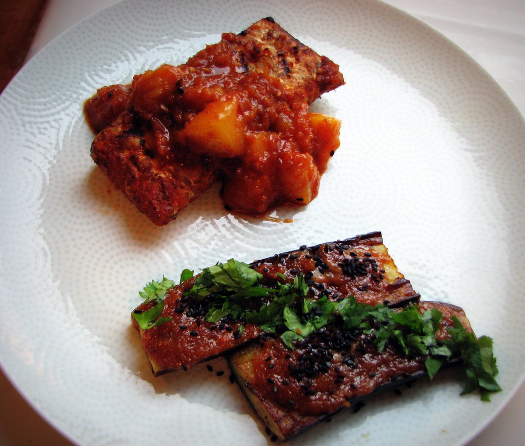 IMG_0146 peach bbq tempeh + miso glazed eggplant Briana Larson Flickr