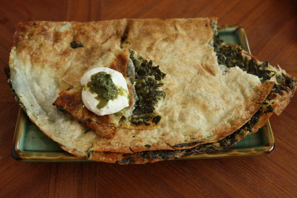 spinach bolani topped with garlic mint cheese and cilantro… Flickr