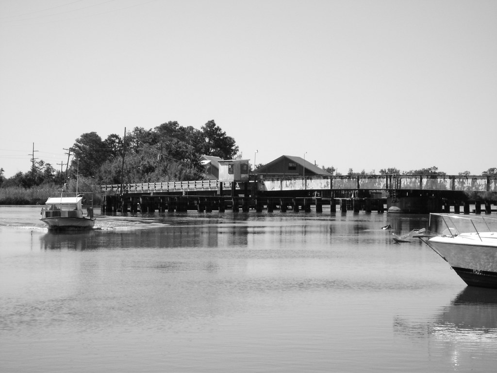 Oyster boat and E. Round Bunch Road Bridge, Cow Bayou, Bridge City