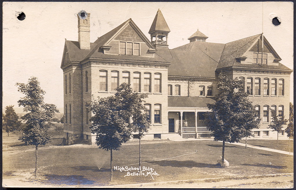 Bellaire MI 1927 RPPC old High School Building and Grounds… Flickr