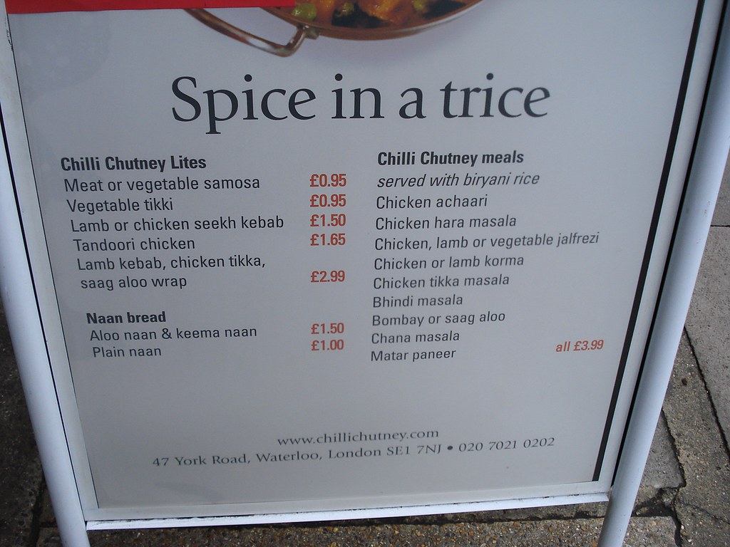 Menu board at Chilli Chutney Express, Waterloo, London SE1… Flickr