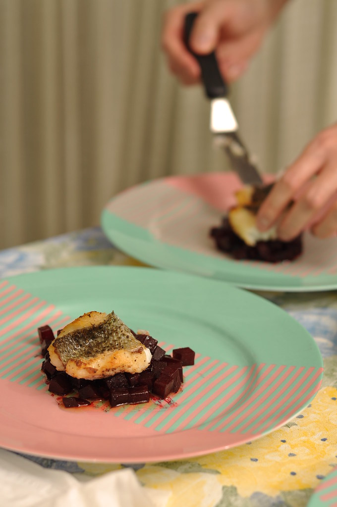 Fish Seared striped bass on a bed of beets, at lacavedefa… Flickr
