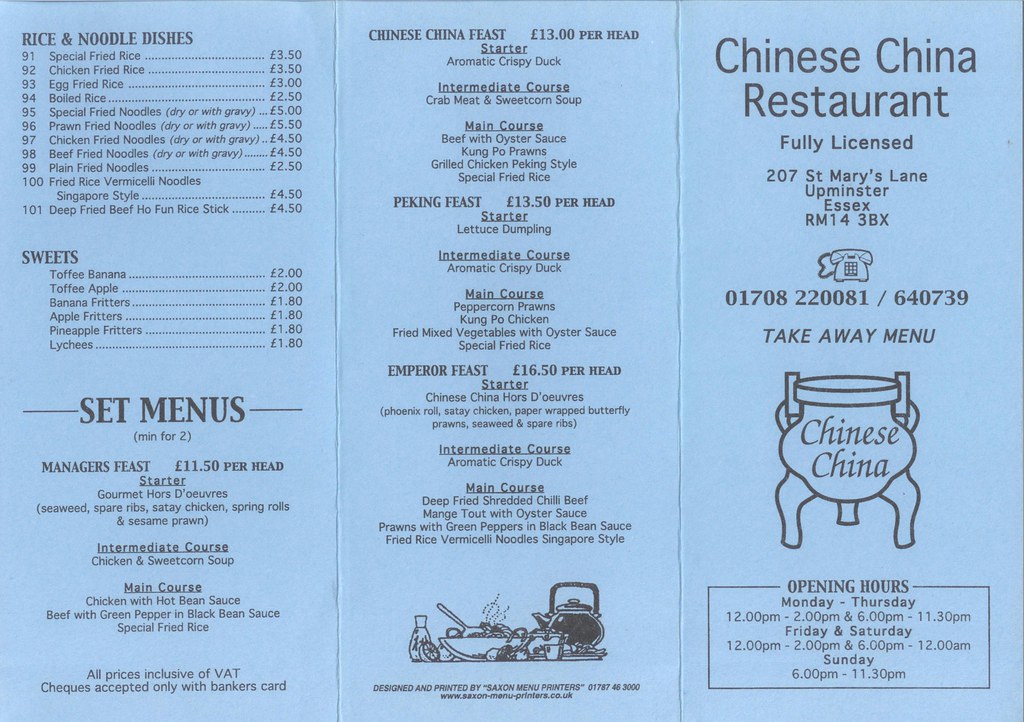 Takeaway menu at Chinese China, Upminster, London RM14 Flickr