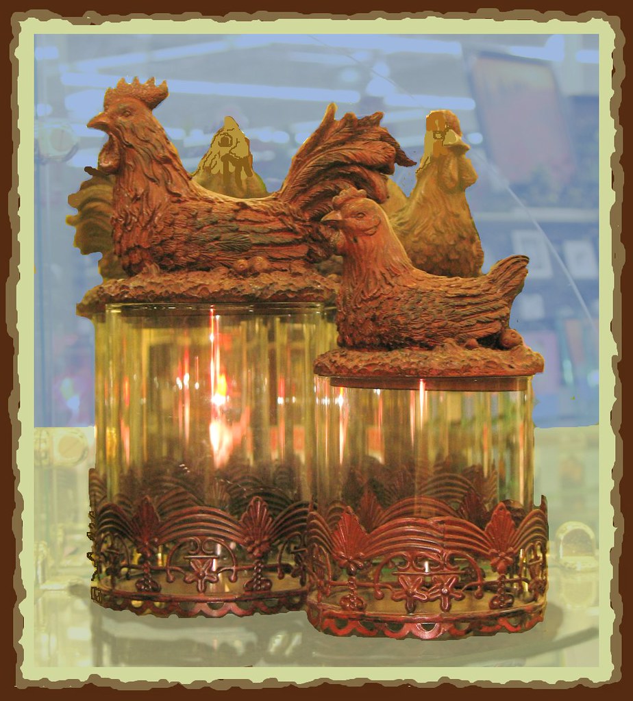 Chicken Jars Glass jars with metal bases and resin toppers… Flickr