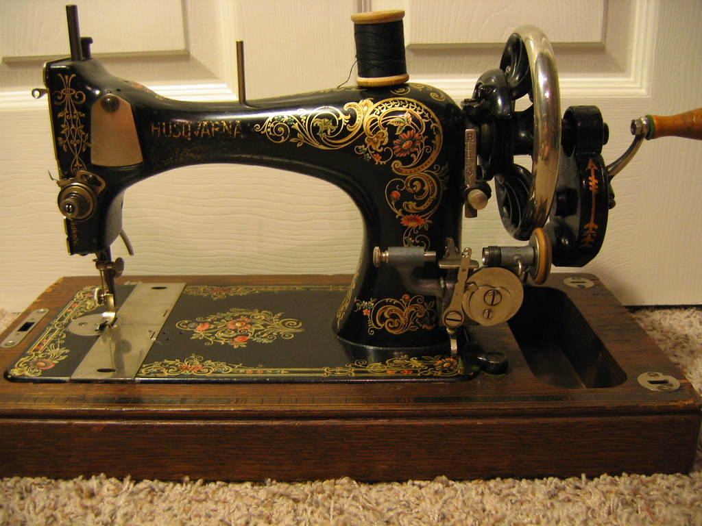 Antique Husqvarna hand crank sewing machine front decals bustlelady