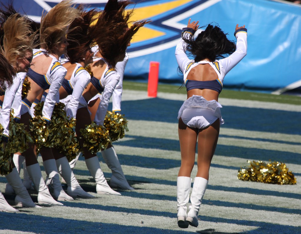 Charger cheerleader doing a flip in the endzone Nathan Rupert Flickr