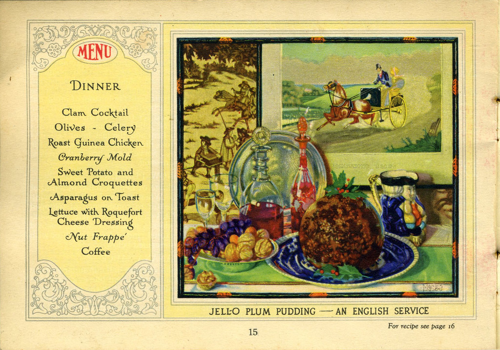 JellO Plum Pudding An English Service. Dinner menu. Shelf Life