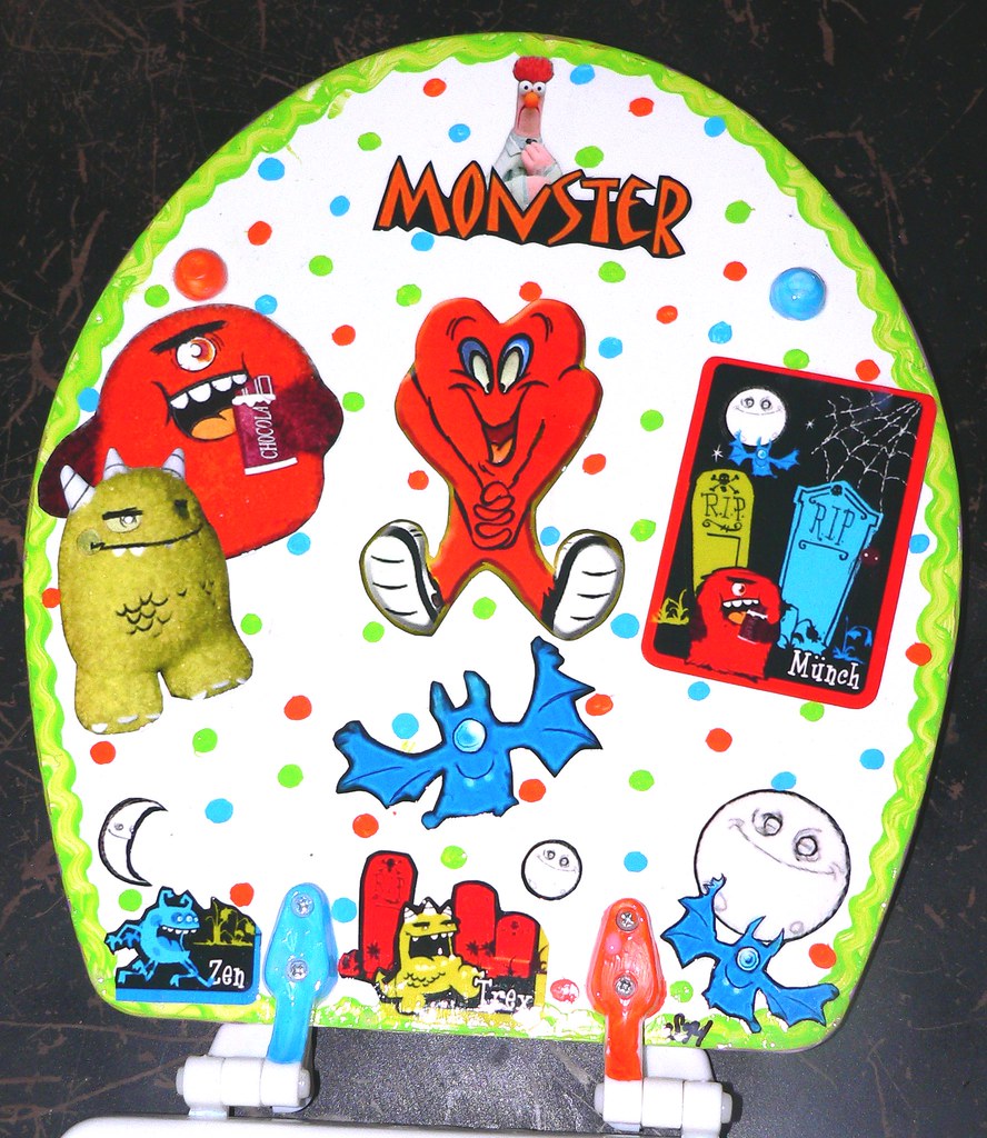 Monsters Decoupage & acrylic on toilet seat. Sacred Jinx Flickr