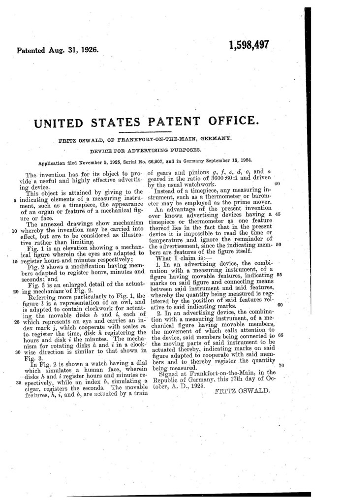Patent USA Page 1 Patent issued to Fritz Oswald, August 31