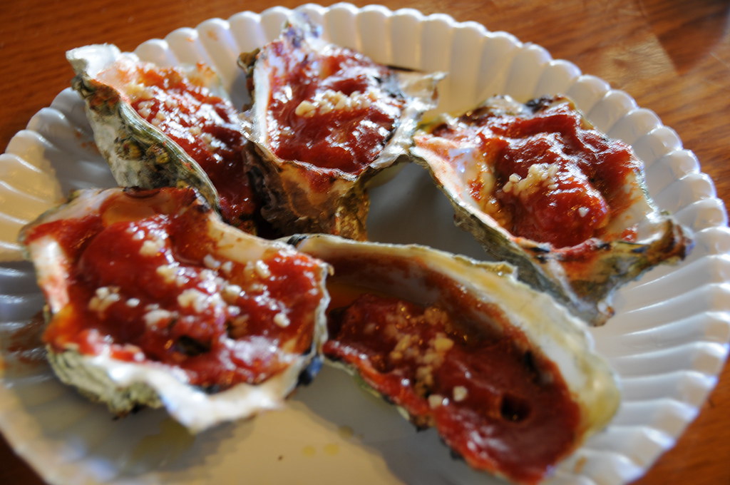 Grilled Oysters Tony's in Tomales Bay, Marin County. CA Carlos