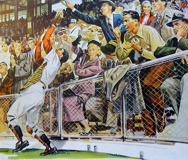 1950s vintage illustration baseball players and spectators MEN WOMEN