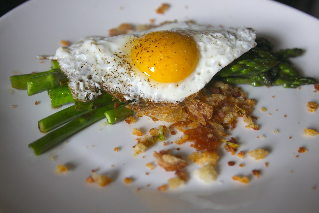 pan roasted asparagus with anchovy bread crumbs & a fried … Flickr
