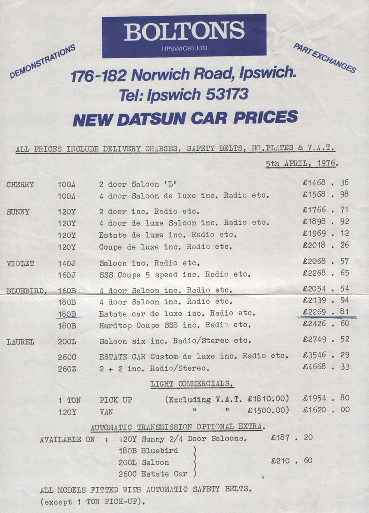 Boltons (Ipswich) Ltd. Datsun Price List 5/4/76 Don't know… Flickr