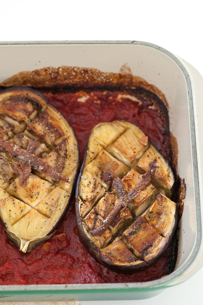 simplest baked aubergine (eggplant) with tomato & pesto a photo on