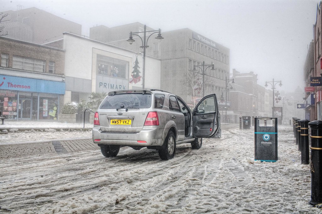 Snow and fog Oldham town centre on Christmas day. Gavin Clarke Flickr