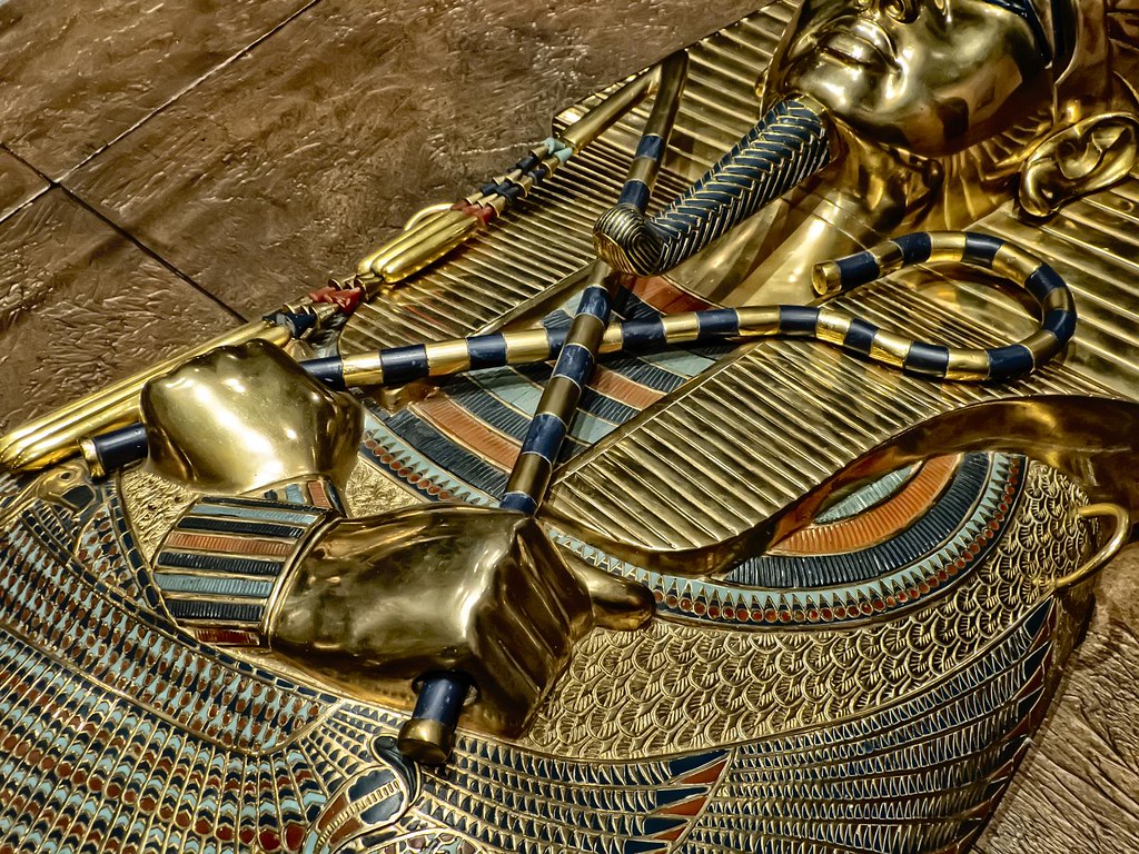 Closeup of the crook and flail on King Tutankhamun's first inner coffin