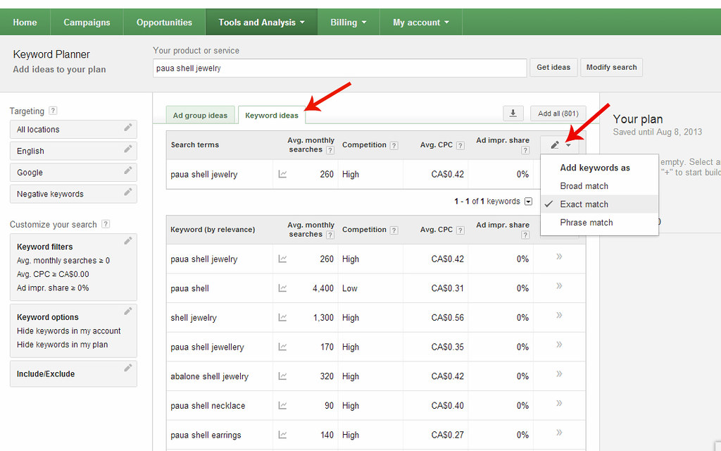 Google Keyword Planner Exact Match option where to find th… Flickr