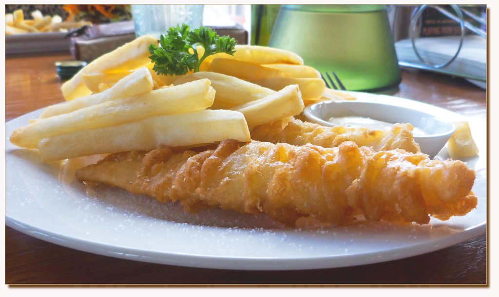 flathead with chips fish and chips at a cafe at Redcliffe,… Leonard