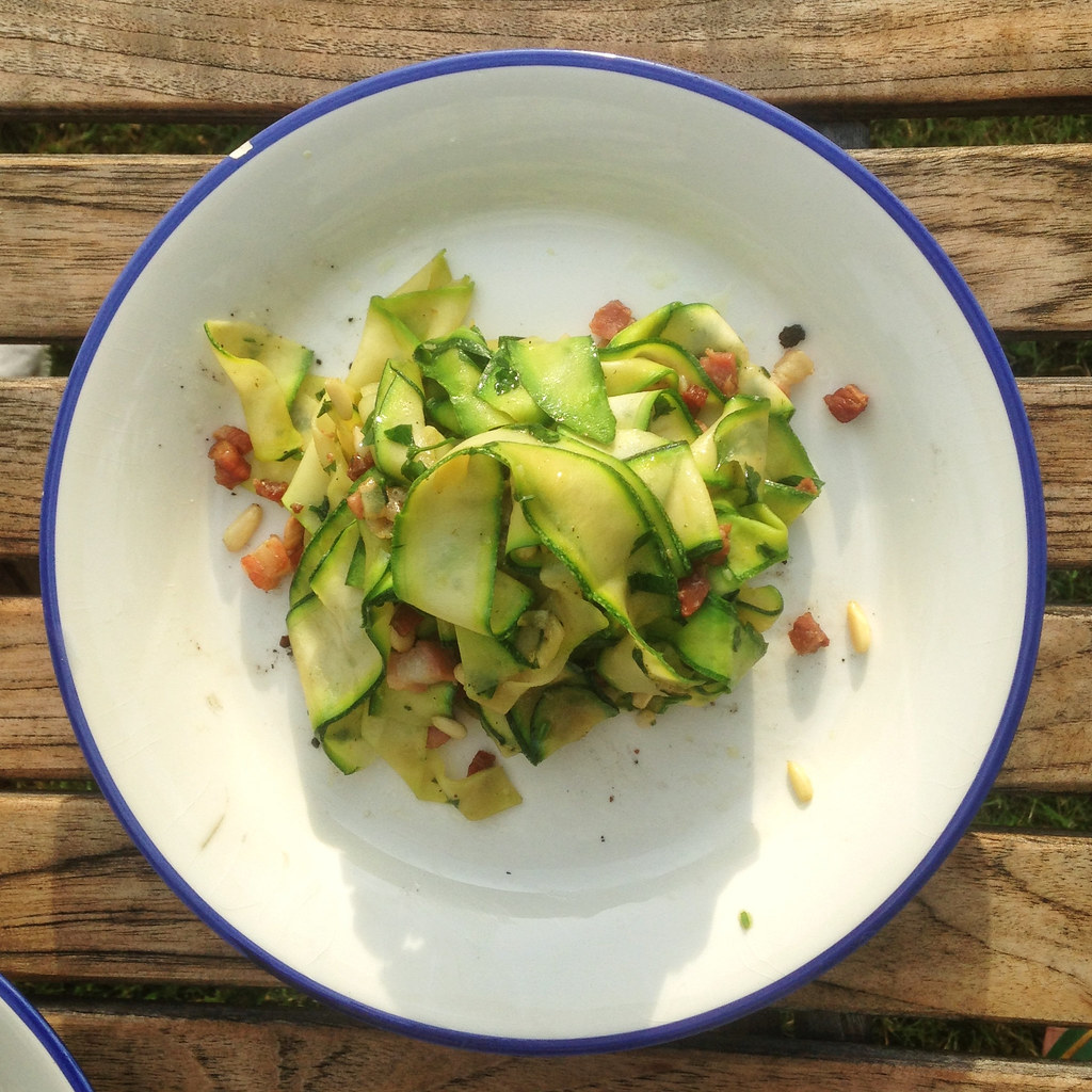 Courgette Courgette “pappardelle” with bacon and pine nuts… Simon