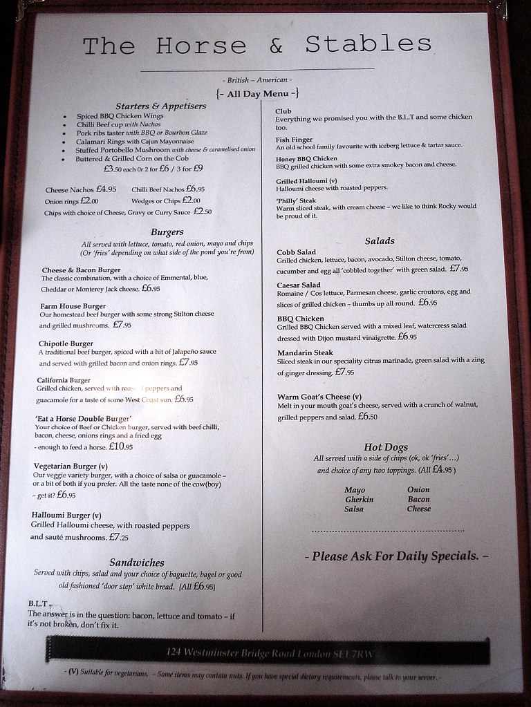 Allday menu at the Horse & Stables, Lambeth, London SE1 a photo on