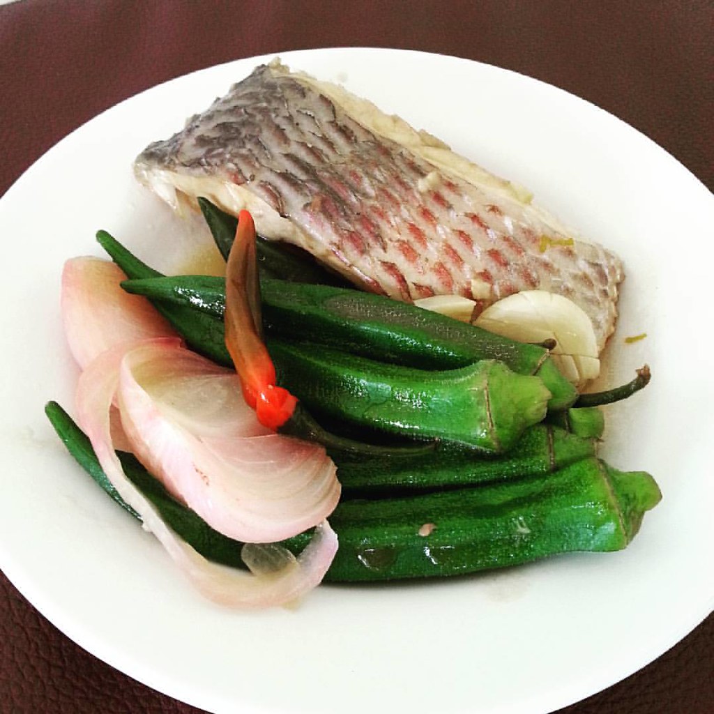 Tilapia belly cooked in vinegar and soy sauce with okra. … Flickr