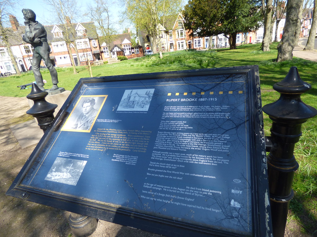 Jubilee Gardens, Rugby statue of Rupert Brooke sign Flickr