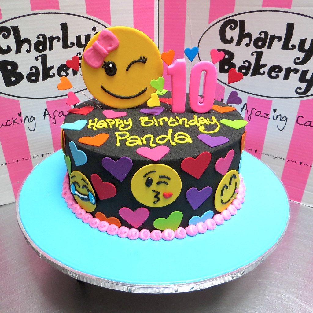 Emoji themed single tier 10th birthday cake with hearts and emoji