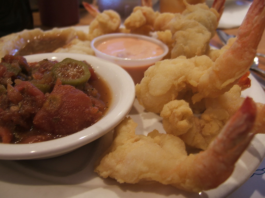 Shrimp dinner Fried shrimp, okra and tomatoes, mashed pota… Flickr