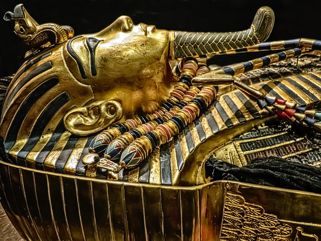 Second inner coffin with lid removed exposing King Tutankhamun's mummy