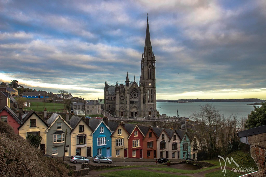 "Deck of Card" houses and St. Colman's Cathedral in Cobh, Ireland a