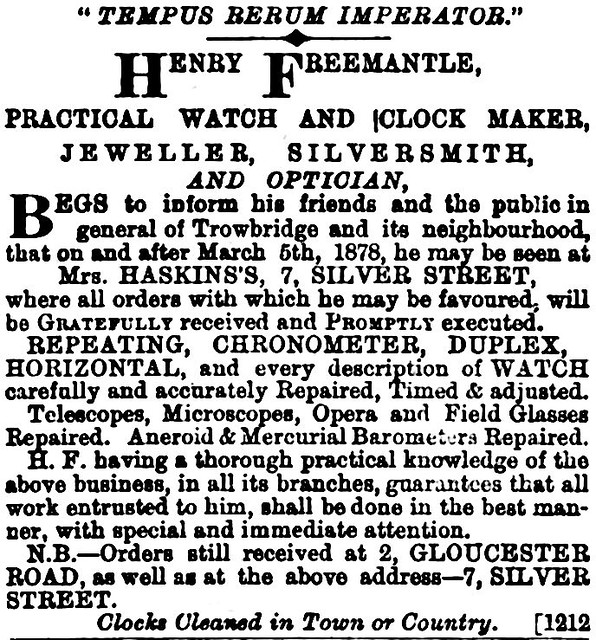 Henry Freemantle, Watchmaker, Trowbridge 1878 Newspaper ad… Flickr