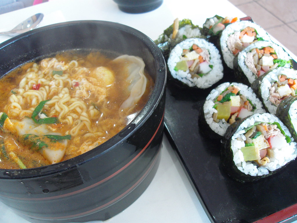 instant ramen noodles (with mandu) and canned tuna kimbap … Flickr