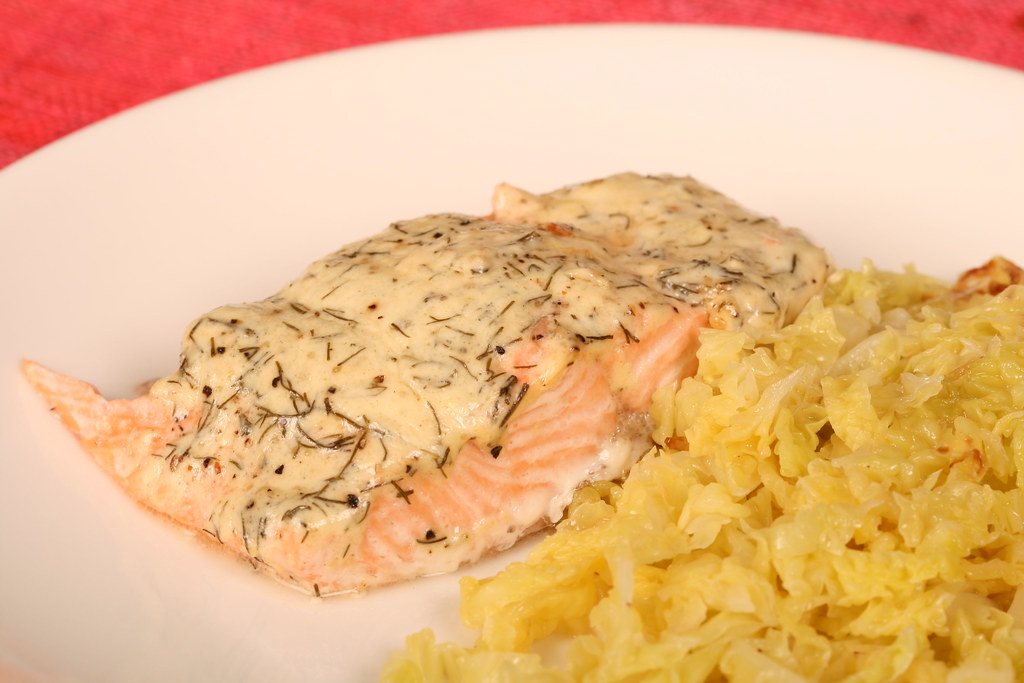Ovenbaked salmon or trout with mayonnaise, braised Savoy … Flickr