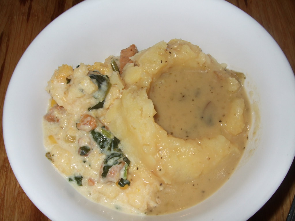 Mashed potatoes, and polenta with veggie sausage and spina… Flickr